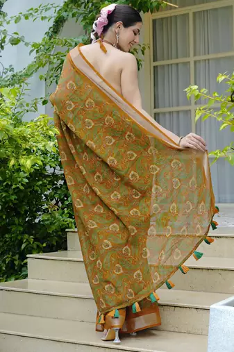 mustard paisley kalamkari print zari border cotton blend saree with unstiched blouse piece