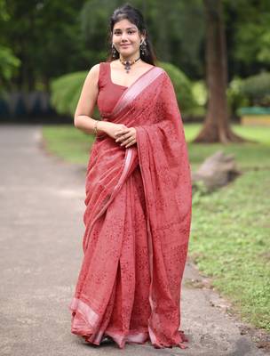 red floral block print zari border cotton blend saree with unstiched blouse piece 1