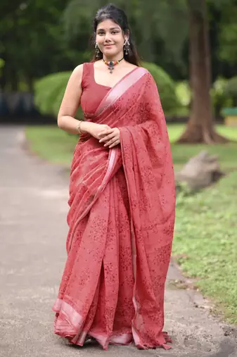 red floral block print zari border cotton blend saree with unstiched blouse piece