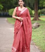 red floral block print zari border cotton blend saree with unstiched blouse piece