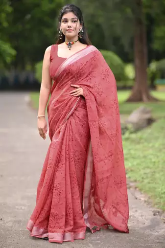 red floral block print zari border cotton blend saree with unstiched blouse piece