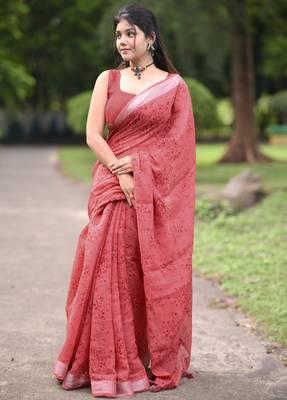 red floral block print zari border cotton blend saree with unstiched blouse piece 3