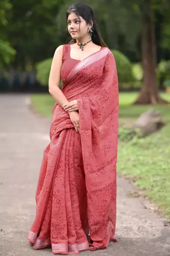 red floral block print zari border cotton blend saree with unstiched blouse piece