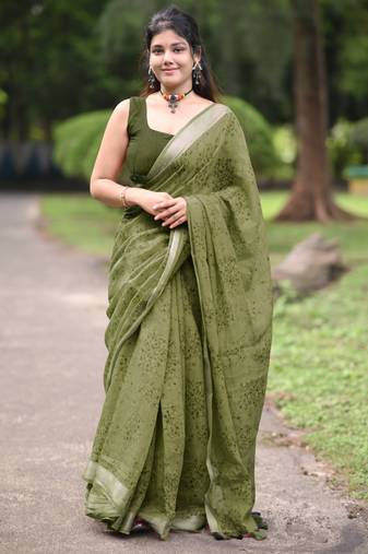 olive green floral block print zari border cotton blend saree with unstiched blouse piece
