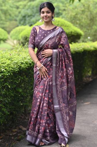purple floral print zari border cotton blend saree with unstiched blouse piece