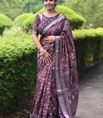 purple floral print zari border cotton blend saree with unstiched blouse piece