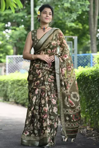 mehandi green floral print zari border cotton blend saree with unstiched blouse piece