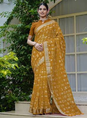 mustard floral block print zari border cotton blend saree with unstiched blouse piece 1