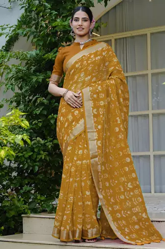 mustard floral block print zari border cotton blend saree with unstiched blouse piece