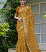 mustard floral block print zari border cotton blend saree with unstiched blouse piece
