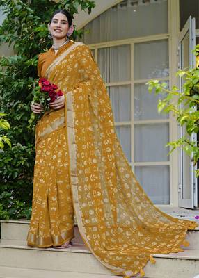 mustard floral block print zari border cotton blend saree with unstiched blouse piece 2