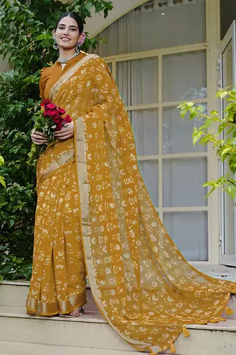 mustard floral block print zari border cotton blend saree with unstiched blouse piece