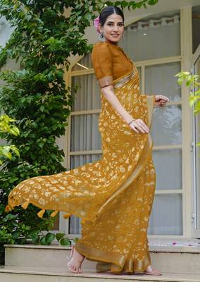 mustard floral block print zari border cotton blend saree with unstiched blouse piece 3