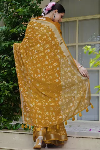 mustard floral block print zari border cotton blend saree with unstiched blouse piece
