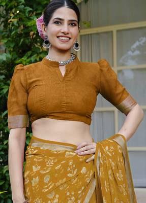 mustard floral block print zari border cotton blend saree with unstiched blouse piece 5