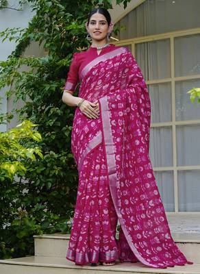 pink floral block print zari border cotton blend saree with unstiched blouse piece 1
