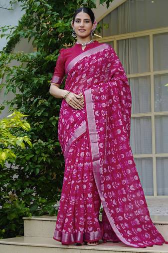 pink floral block print zari border cotton blend saree with unstiched blouse piece