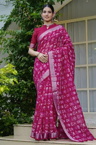 pink floral block print zari border cotton blend saree with unstiched blouse piece