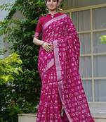 pink floral block print zari border cotton blend saree with unstiched blouse piece
