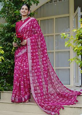 pink floral block print zari border cotton blend saree with unstiched blouse piece 2