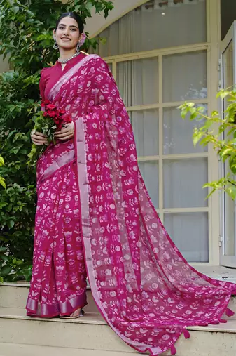 pink floral block print zari border cotton blend saree with unstiched blouse piece