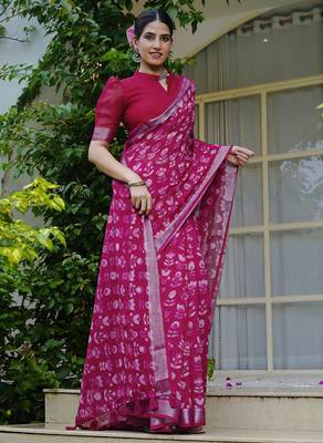 pink floral block print zari border cotton blend saree with unstiched blouse piece 3
