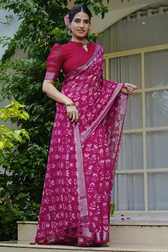 pink floral block print zari border cotton blend saree with unstiched blouse piece