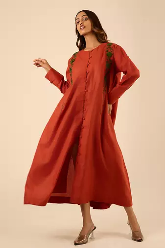 Rust thread embroidered cotton linen front-open a-line longline kurta