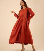 Rust thread embroidered cotton linen front-open a-line longline kurta