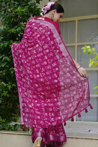 pink floral block print zari border cotton blend saree with unstiched blouse piece