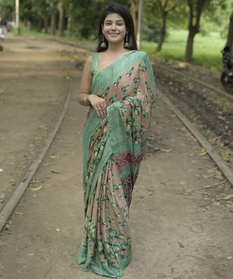 wine floral print chiffon saree with unstiched blouse piece 1
