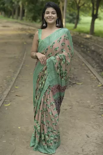 beige floral print chiffon saree with unstiched blouse piece
