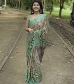 beige floral print chiffon saree with unstiched blouse piece