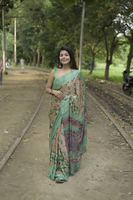 wine floral print chiffon saree with unstiched blouse piece 3