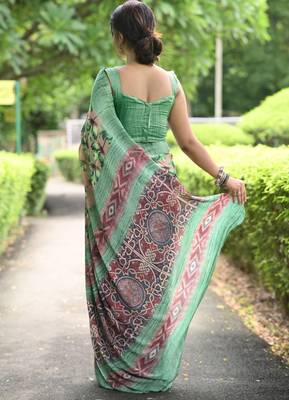 wine floral print chiffon saree with unstiched blouse piece 4