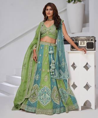 Vibrant Dual Tone Green & Turquoise Lehenga with Double Dupattas for Weddings 1