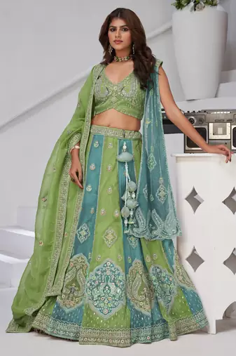 Vibrant Dual Tone Green & Turquoise Lehenga with Double Dupattas for Weddings