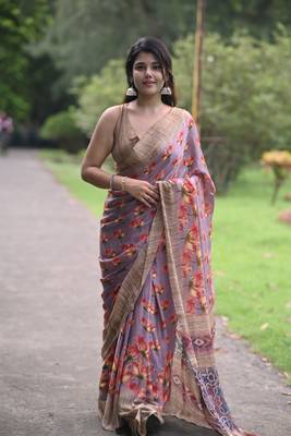 lavender floral print chiffon saree with unstiched blouse piece 1