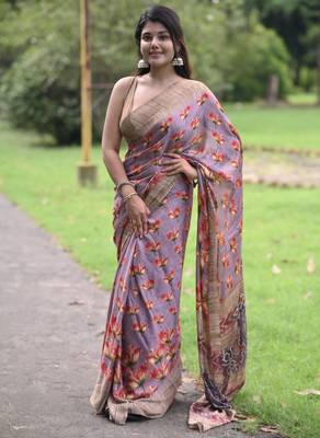 lavender floral print chiffon saree with unstiched blouse piece 2