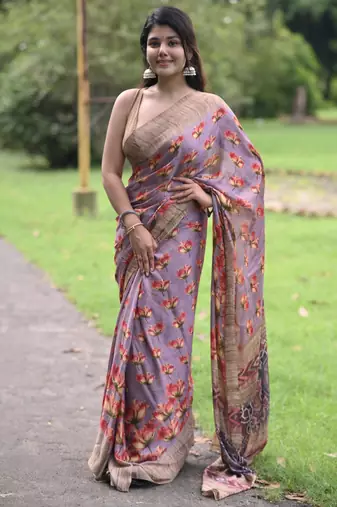 lavender floral print chiffon saree with unstiched blouse piece