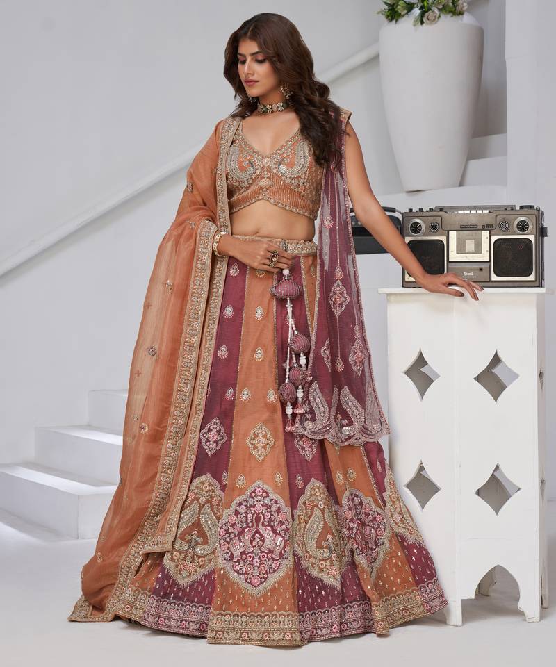Two Shades of Elegance – Rust & Dark Rust Double Dupatta Lehenga