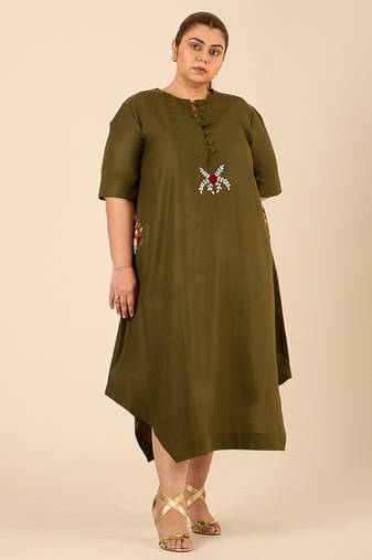 Olive green thread embroidered cotton linen blend  a-line longline kurta