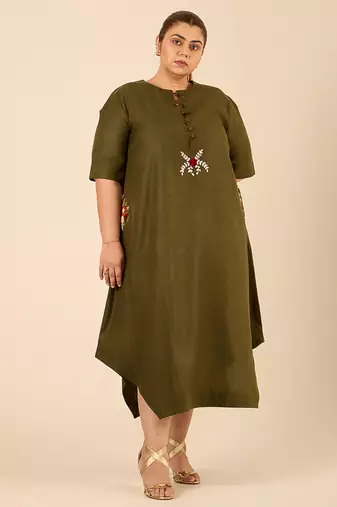 Olive green thread embroidered cotton linen blend  a-line longline kurta