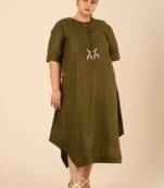 Olive green thread embroidered cotton linen blend  a-line longline kurta