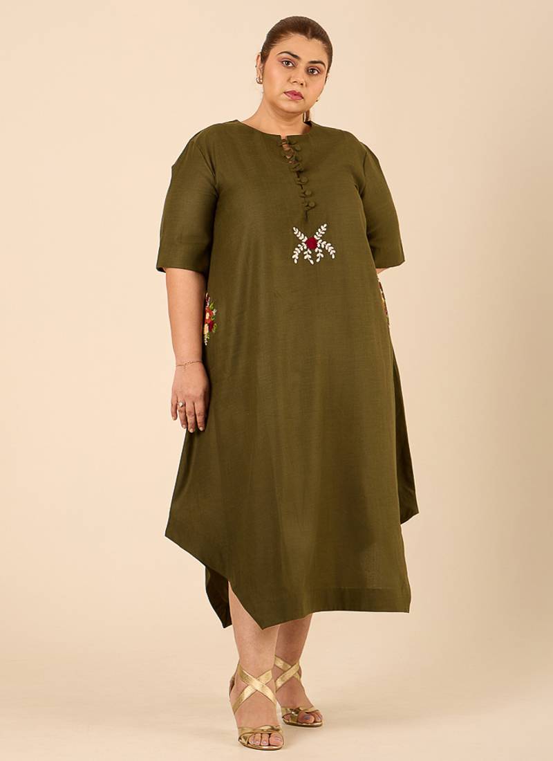 Olive green thread embroidered cotton linen blend  a-line longline kurta
