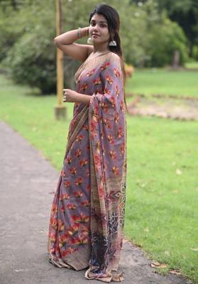 lavender floral print chiffon saree with unstiched blouse piece 3
