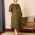 Olive green thread embroidered cotton linen blend  a-line longline kurta