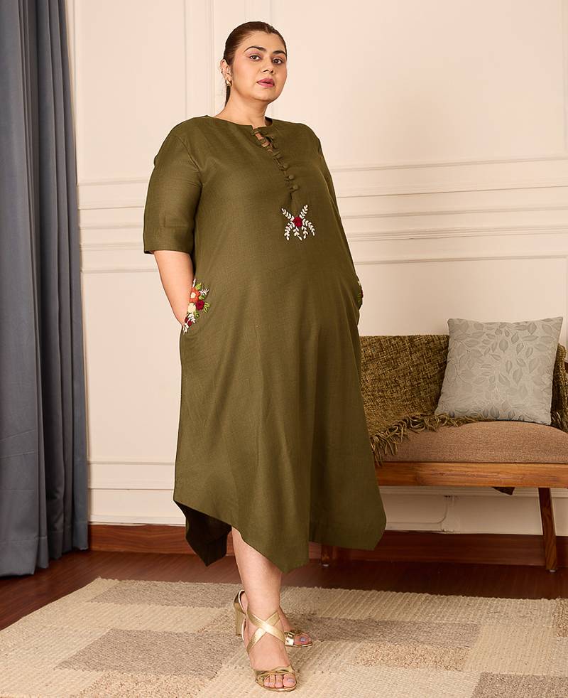 Olive green thread embroidered cotton linen blend  a-line longline kurta