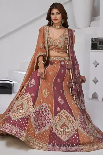 Two Shades of Elegance     Rust & Dark Rust Double Dupatta Lehenga