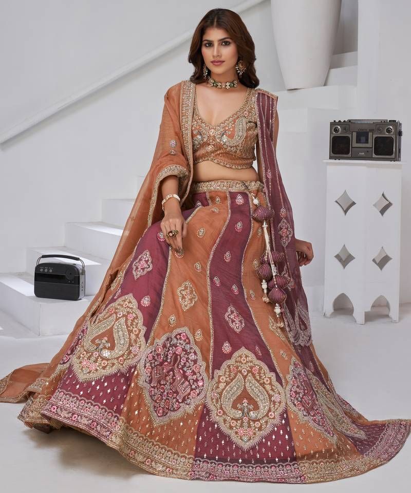 Two Shades of Elegance – Rust & Dark Rust Double Dupatta Lehenga